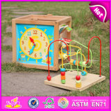 2015 Multifunction Wooden Box Toy for Kids, Learn Wooden Toy Box with String Bead Toy, Xylophone, Blackboard, Clock, Number W11b059