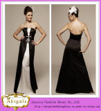 2014 New Designer Elegant Simple Sheath Strapless Low Back Floor Length Satin Black White Dresses for Bridesmaids (MN1365)