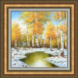 Handmade Landscape Yellow Tree Oil Painting with Gold Frame