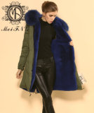 Wholesale Faux Fur Parka Coat Long Parka Coat Blue Lining with Raccoon Fur Hooded Trim