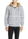 Men's Hooded Zip Fleece Padding Jacket with Faux Fur Trim on Hood
