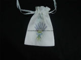 White Color Linen Bag with Lavender Embroidery (LB-005)
