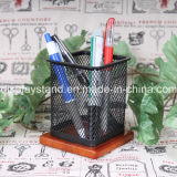 Square Wooden Base Metal Pen Container (BT-003)