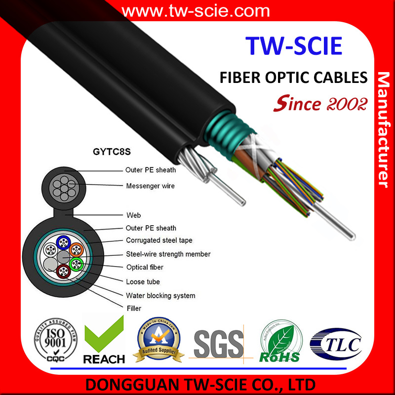 High Quality 12/24/36/72/144 Core Fig8 Self-Support Aerial G652D Fiber Armour Optical Cable (GYTC8S)