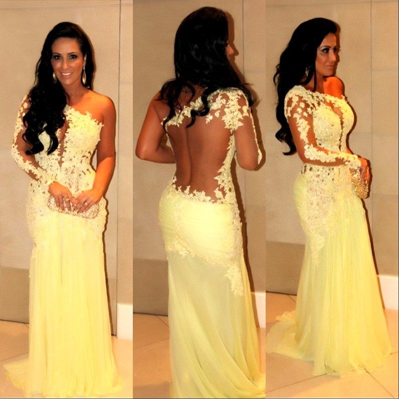 Fashion Sexy One Shoulder Long Sleeve Appliqued Lace Vestidos De Fiesta Evening Prom Dress (CL106)