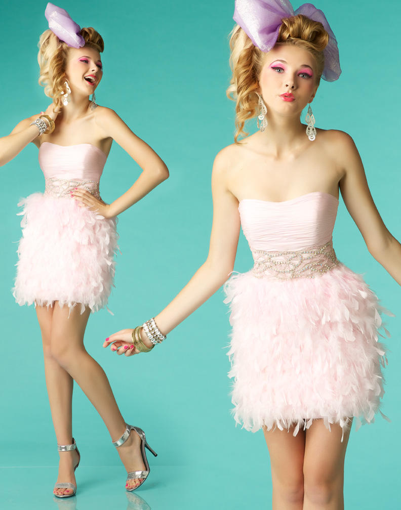 pink Feather short prom dress homecoming dress