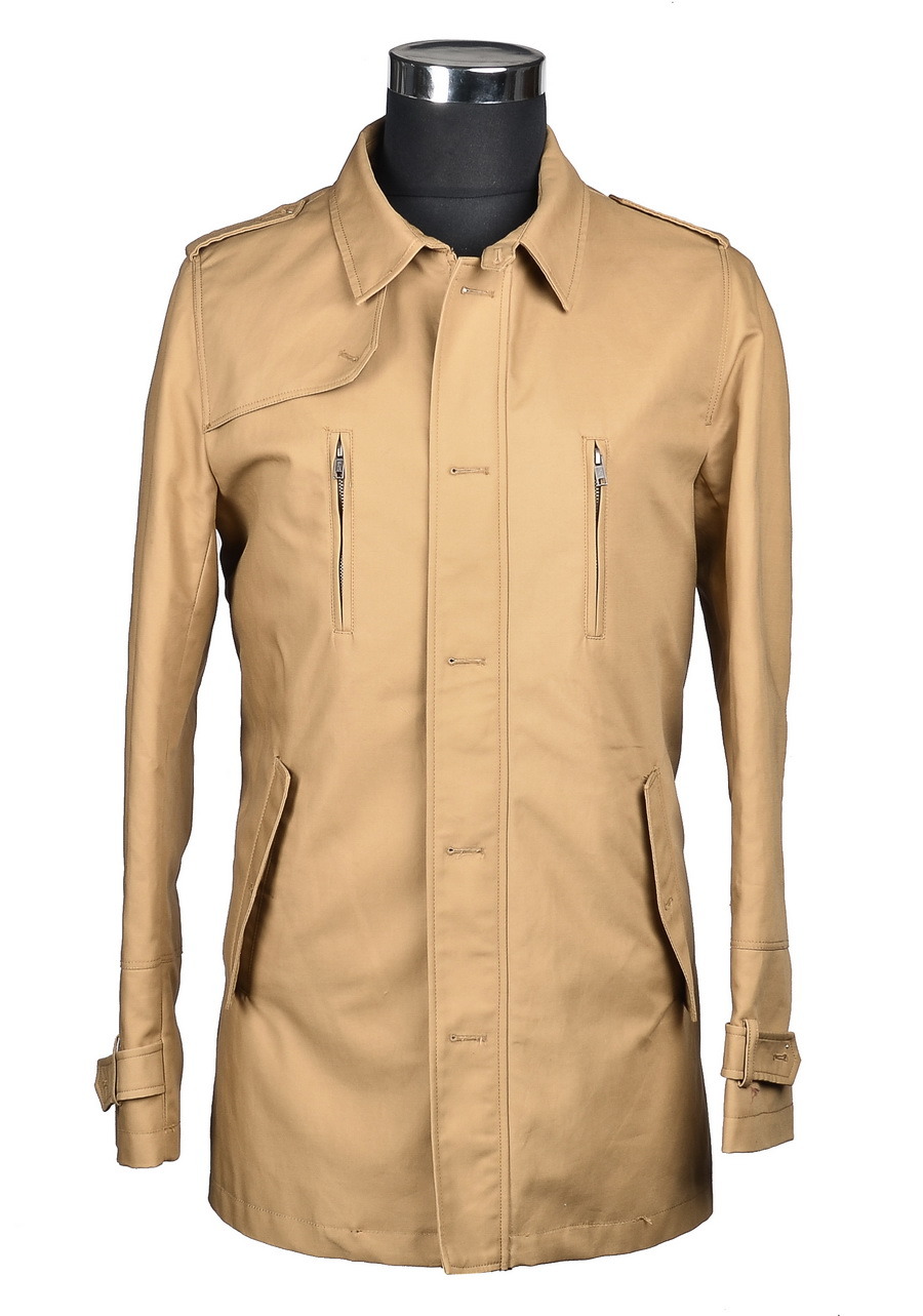 100% Cotton Light Brown 5 Button Men Coat with Zipper