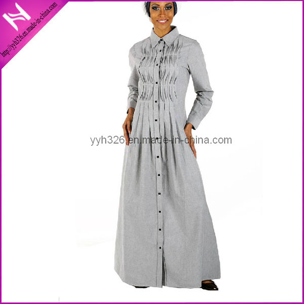 Modern Long Sleeve Grey Shirt Modest Abaya Dress