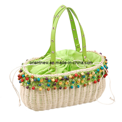 White Rattan Bag with Beads Trimmings