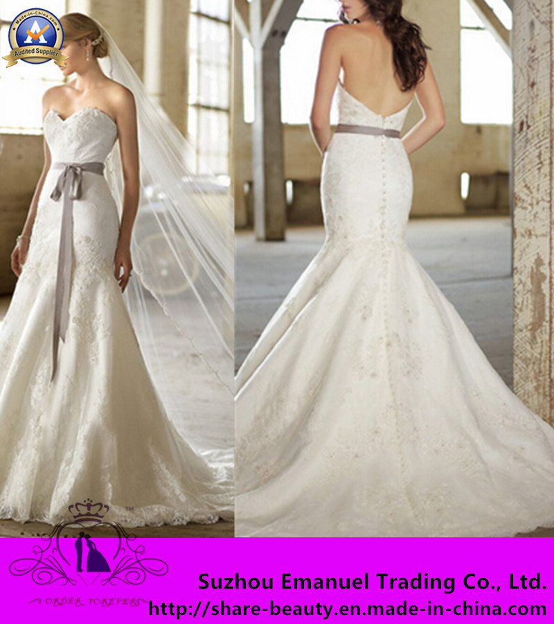 2014 New Style Modern Sweetheart Lace Sash Bow Backless Satin Mermaid Court Train (w018)