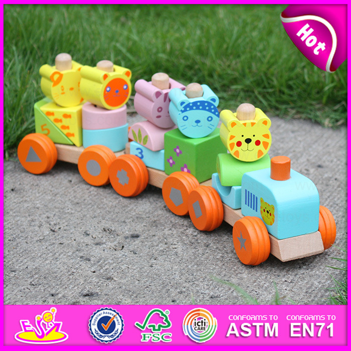 2015 Hot Sale Wooden Blocks Train Set Toys Animal Vehicles Toys, Cute Wooden Animal Blocks Train Toy, Pull Line Train Toy W04A066
