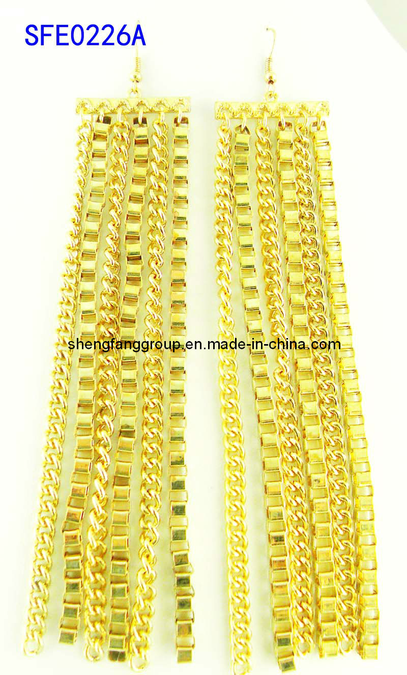 Link Chain and Box Chain Long Tasseled Stud Earring Fashion Jewelry (SFE0226A)