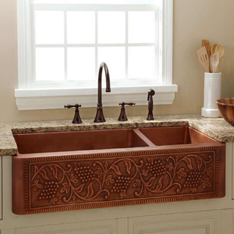 Classic Handmade Pure Copper Double Bowl Kitchen Sink (YX1520)