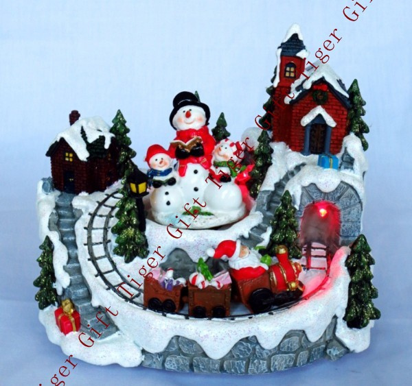 Polyresin Santa Riding Train Through Tunnel in Winter Scene W/LED Light and Music Box