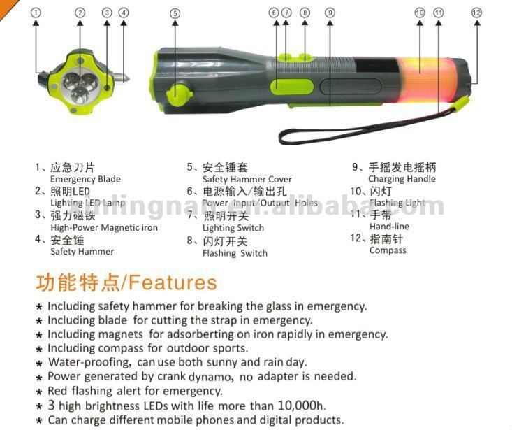 Car Emergency Hammer Flashlight Radio, Seat Belt Cutter