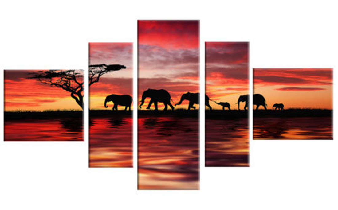 African Elephants Golden Sunset Hand Painted Oil Painting and Canvas Prints 5 Pieces