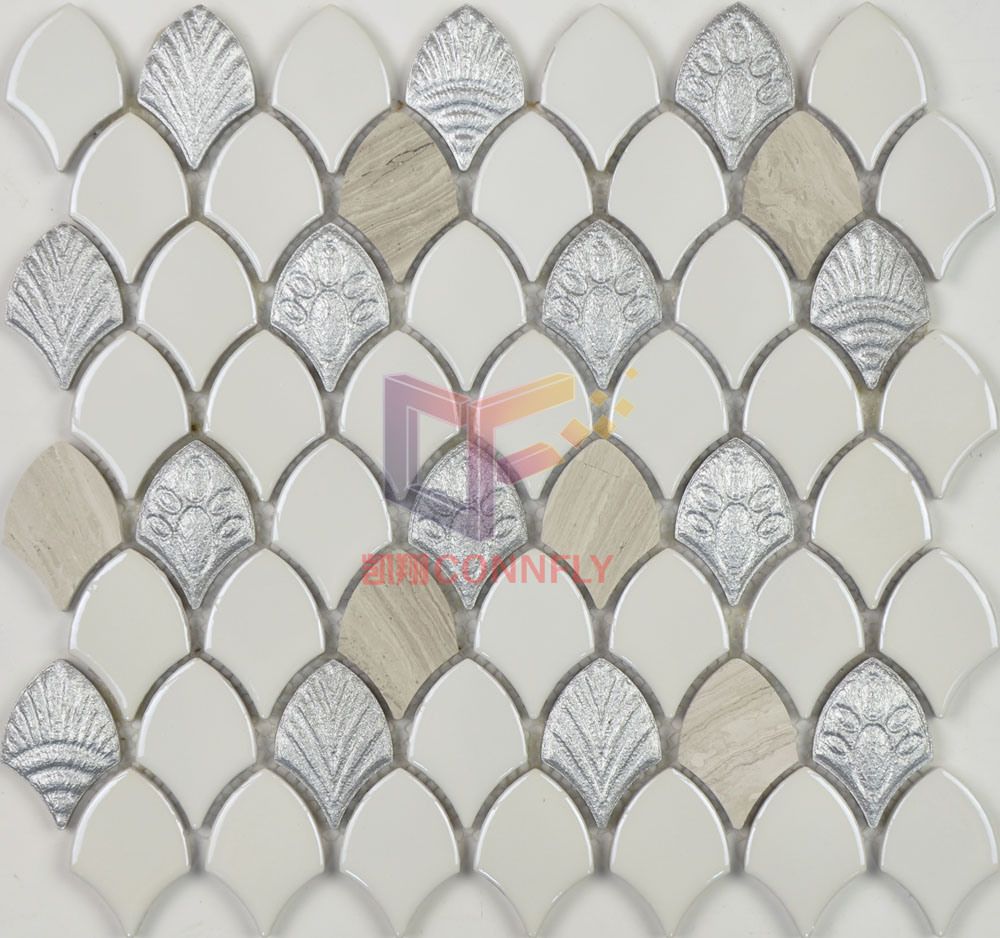 White Ceramic with Wooden Pattern Stone Art Design Mosaic Tile (BK003)