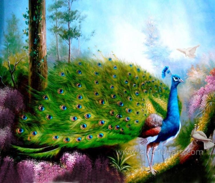 Hand-Painted Peacock Oil Painting on Canvas (EAN-111)