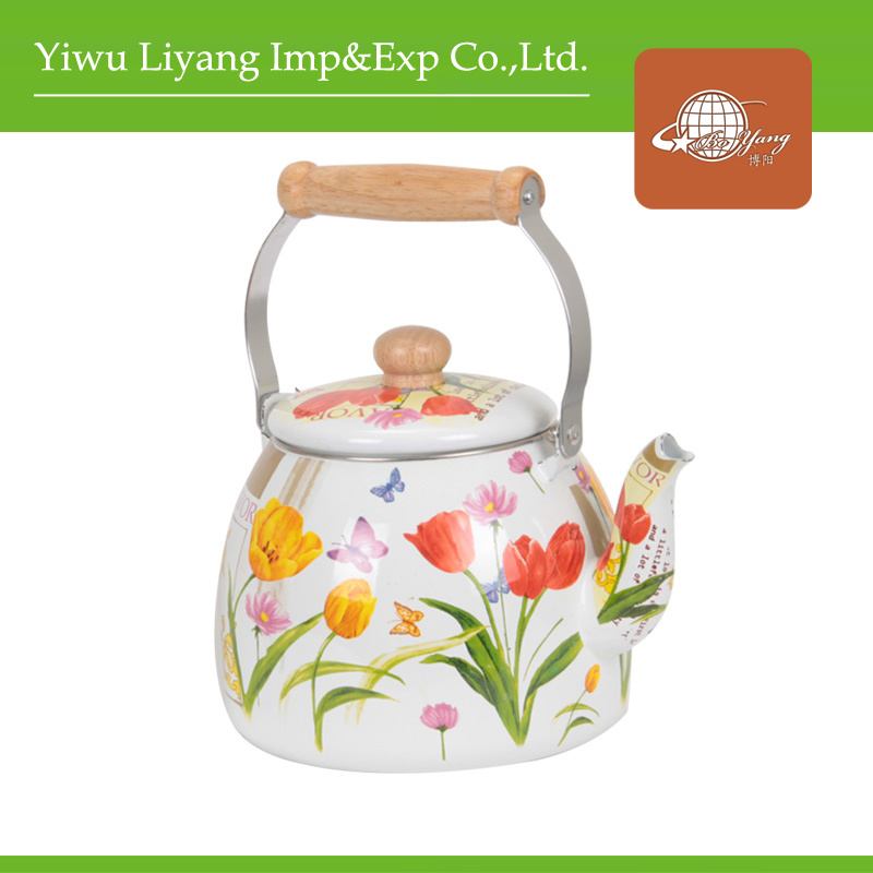 Enamel Teapot with Full Decal Wooden Handle (BY-3004)