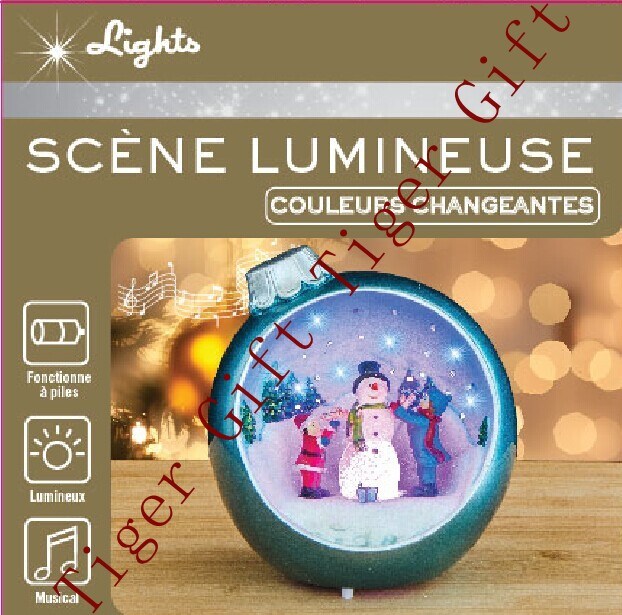 Polyresin Xmas Ball W/Luminescent Snowman and Children W/LED Light and Music