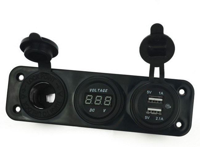 Car Digital Voltmeter Dual USB 2 Port Power Socket Three Hole Panel (Black)