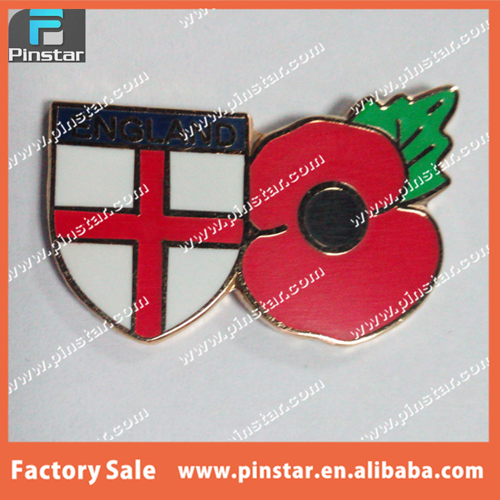 Bulk Cheap Souvenir Poppy Flower Shield Shape England Flag Lapel Pin Badges