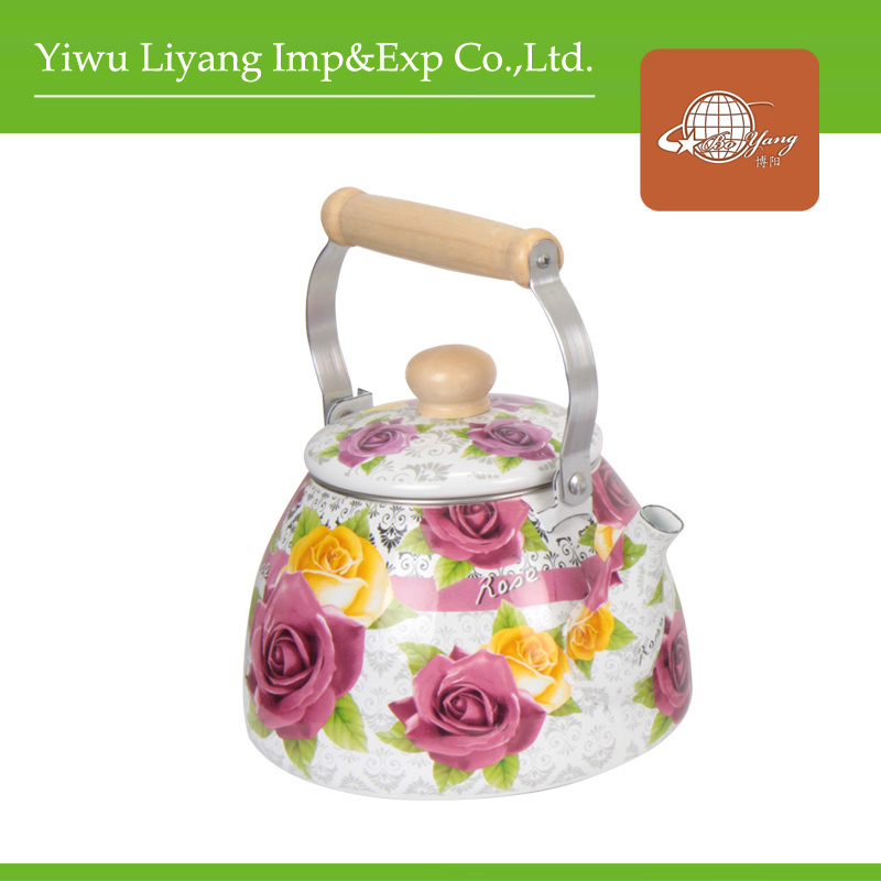2.5L Full Decal Enamel Kettle with Wooden Handle (BY-2901)