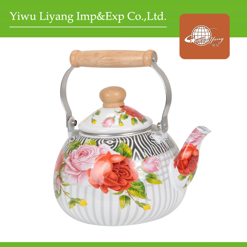2.6L Full Decal Enamel Kettle with Wooden Handle (BY-2905)