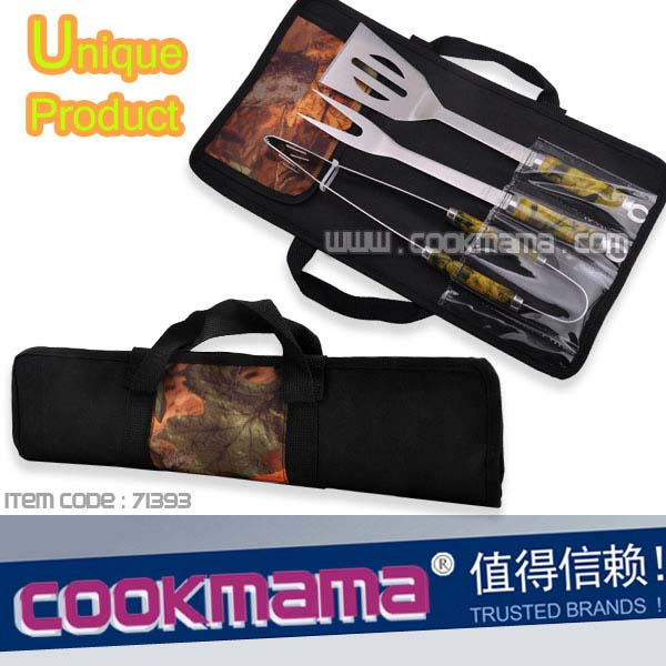 3PCS Camo Leaf Pattern Handle BBQ Tools with Leaf Pattern Carry Bag
