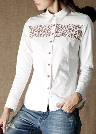 100% Cotton Casual Long Sleeve Womens Shirt with Embroidery