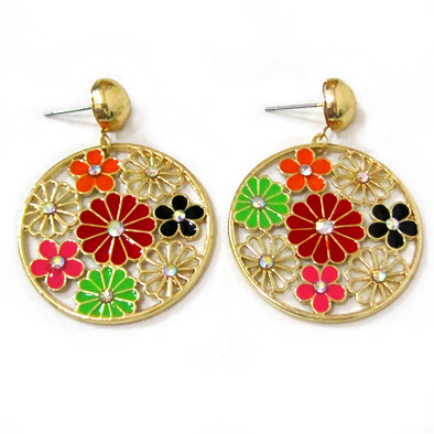 Fashion Jewelry Metal Flower Drop Earrings with Nickel-Free Gold Plating and Epoxy, Her-10760A