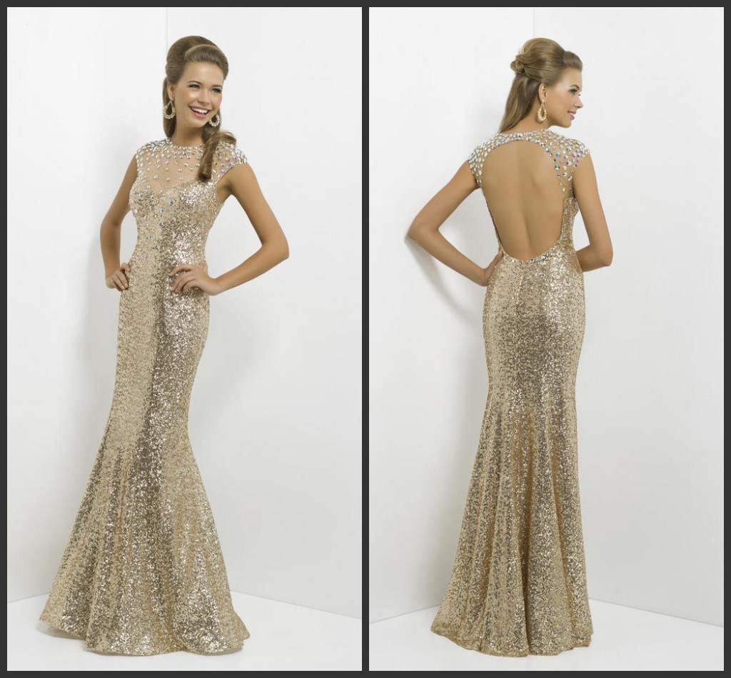 Jewel Sweep Train Gold Trumpet Mermaid Prom Dress Evening Dress