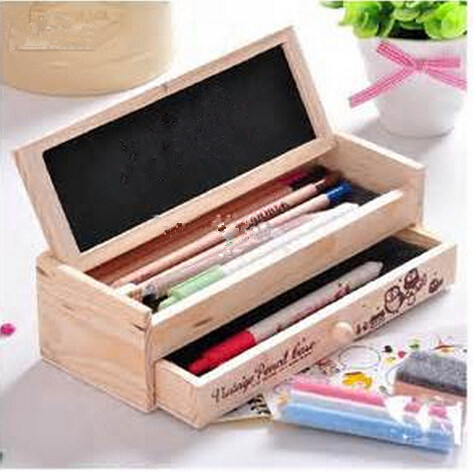 Wooden Double-Layer Drawer Pencil with Blackboard