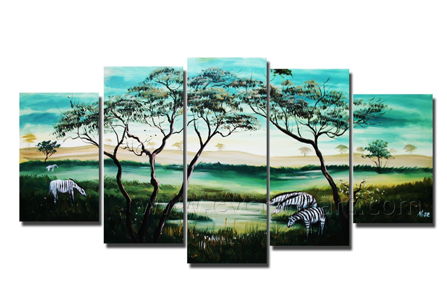5 Panels Handmade Landscape Tree Oil Painting on Canvas