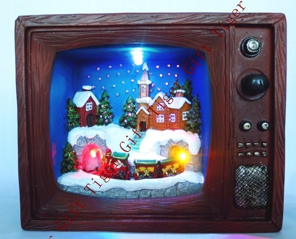 Polyresin Santa Driving Train in TV Box W/ Fibre Optic and Music