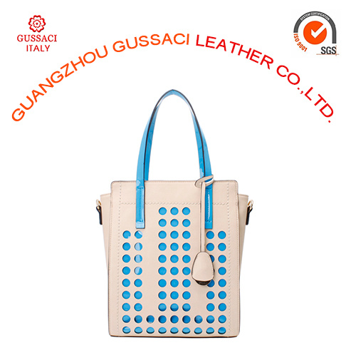 Factory Price Laser Round DOT PU Blue Color Bottom Handbag