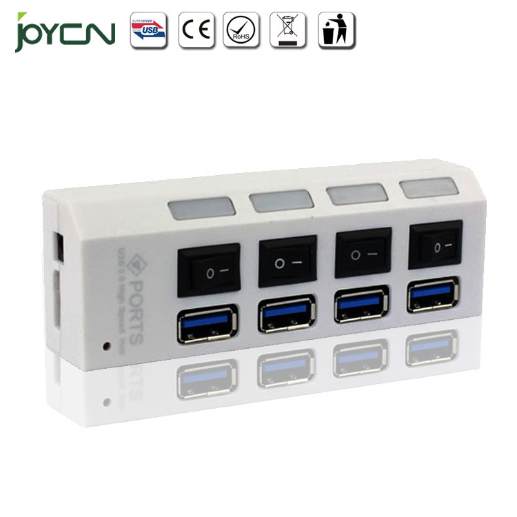 New 4 Ports USB 3.0 Hub with on/off Switch for Desktop Laptop-White