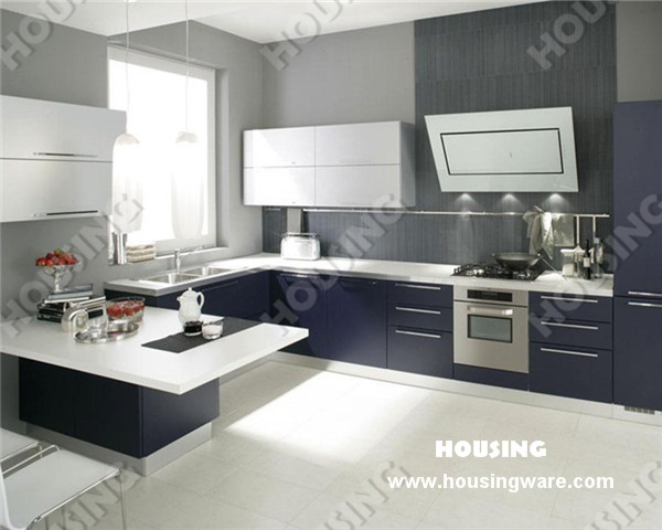 Fashion High Gloss Lacquer Finish Kitchen Cabinet with White Quartz in Royal Blue,