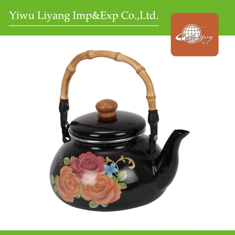 Enamel Black Flower Decal Teapot with Bamboo Handle (BY-2910)