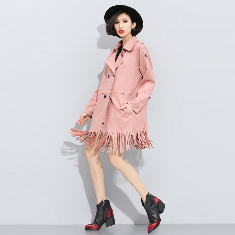 Autumn Solid Tassel Cashmere Leather Coat with Long Sleeved