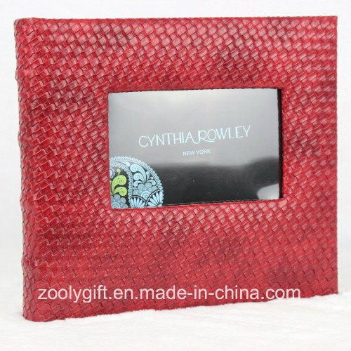 Book Bound Red Knit Pattern Leather Photo Album with Window
