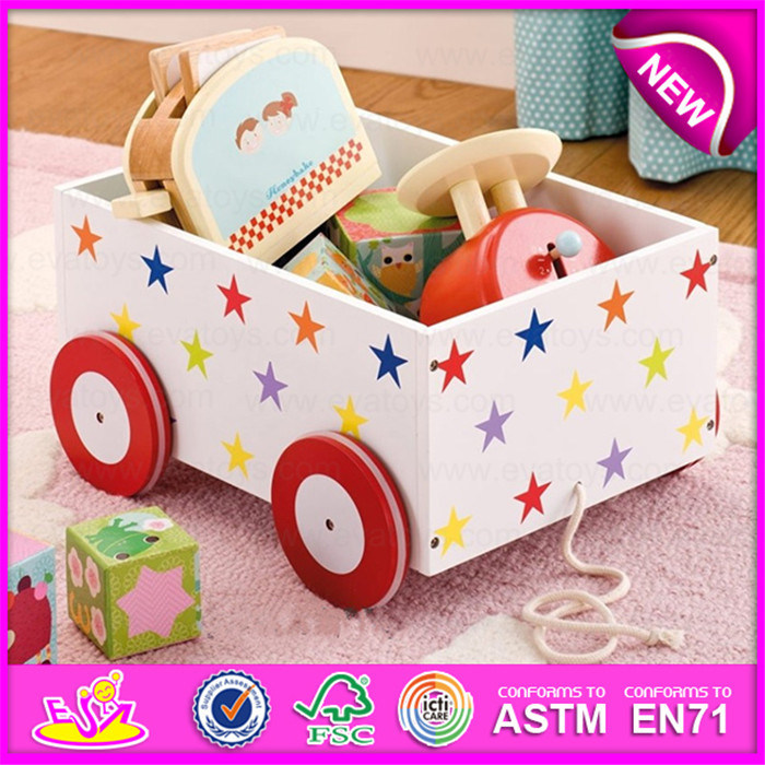 MDF Pull and Push Kids Wooden Toy Box, Wooden Storage Box with 4 Wheels, Pulled Cart Toy W08c128