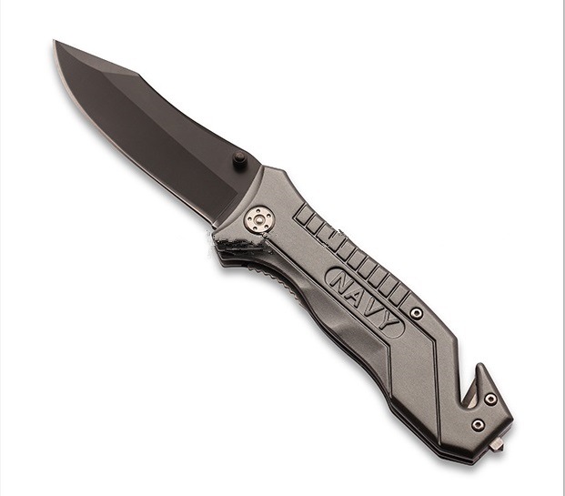 Navy Rescue Knife with Window Breaker Handmade Folding Knife with Black Coated Blade & Aluminum Handle