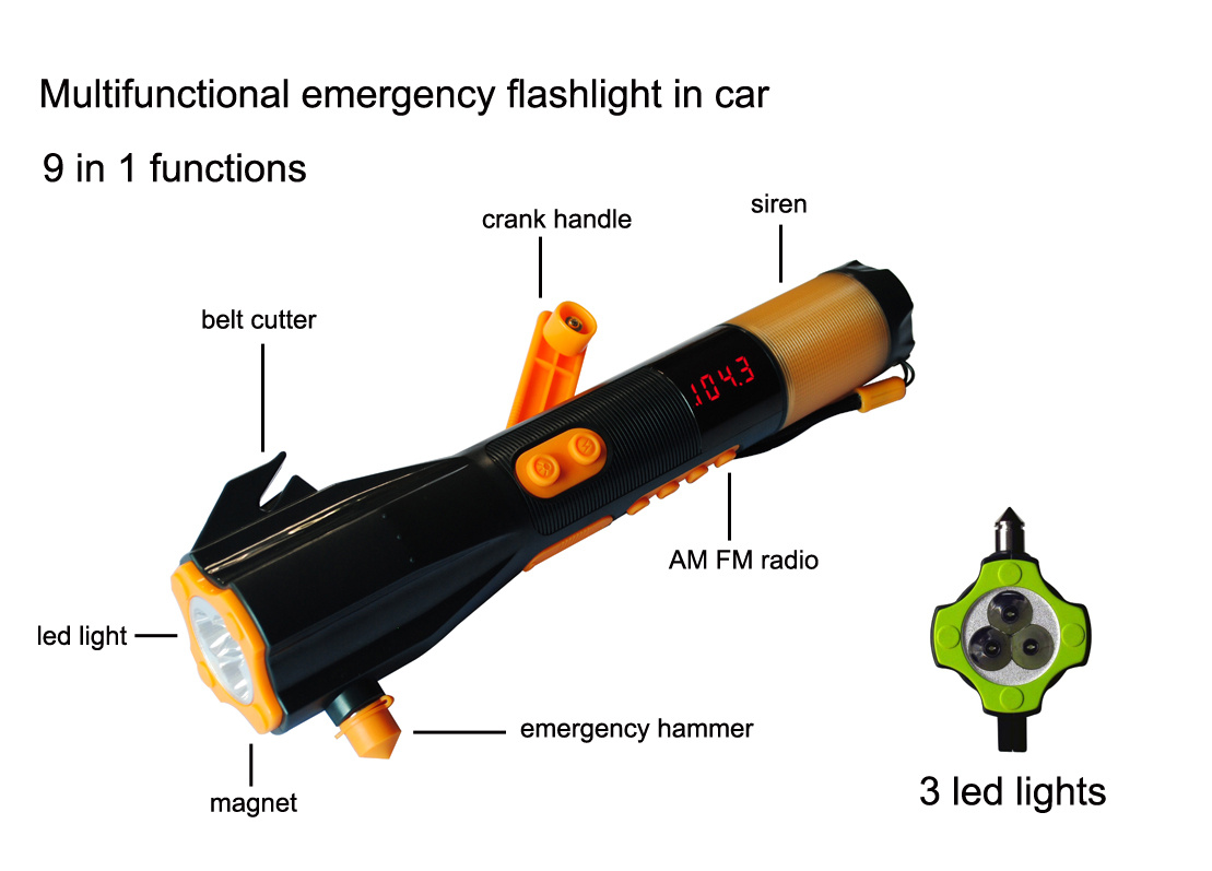 Emergency Car Kit Torch with Safety Hammer and Belt Cutter Radio & Siren & Phone Charger Xln (XLN-703)