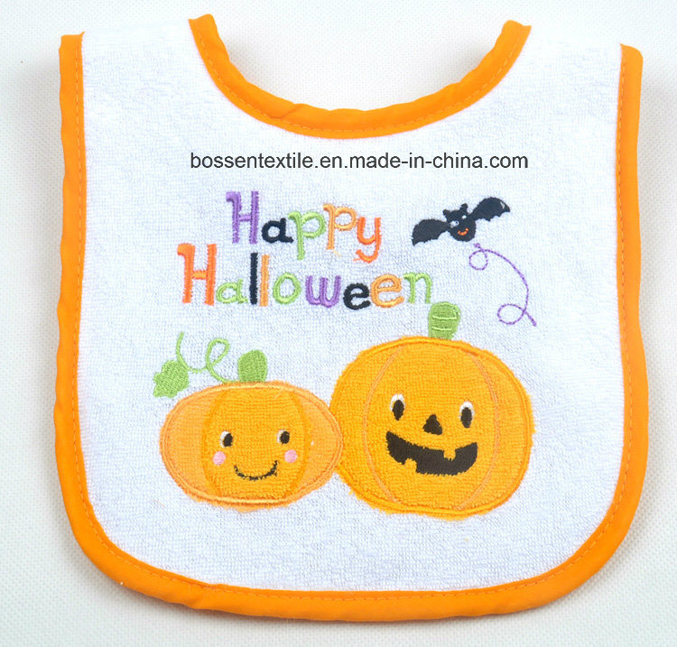Cartoon Pumpkin Halloween Embroidered Applique Velcro White Cotton Custom Baby Bib
