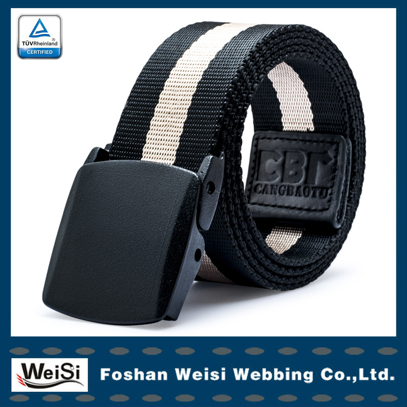 Patented Custom Logo Design Stripe Nylon Men Belt with Plastic Buckle