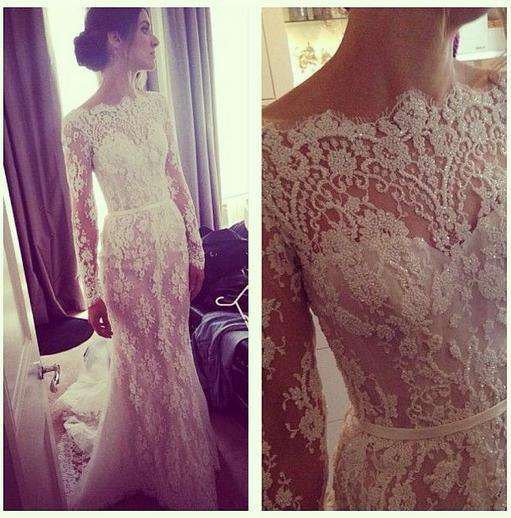 Free Shipping Wedding Dress Celebrity Dress Scoop Long Sleeve Lace Sweep Train Mermaid Custome