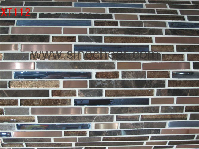 Metal Mixed Glass and Marble Strip Mosaic Tile