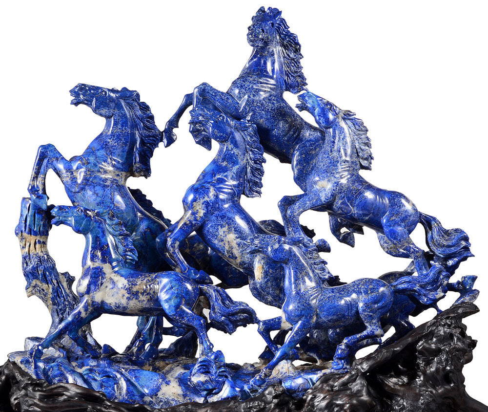 Lapis Lazuli Eight Horses Sculpture/Carving, Primitive Carvings, Rare Collection (Q94)