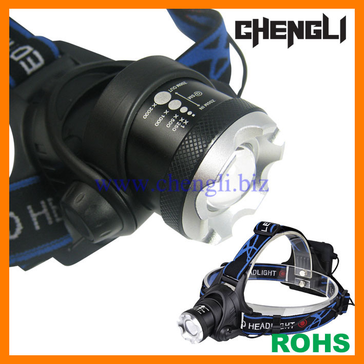 Chengli High Power 500lumens CREE Xml T6 LED Zoomable Aluminum Headlamp with 4PCS AA Size Battery (LA1201) for Hunting